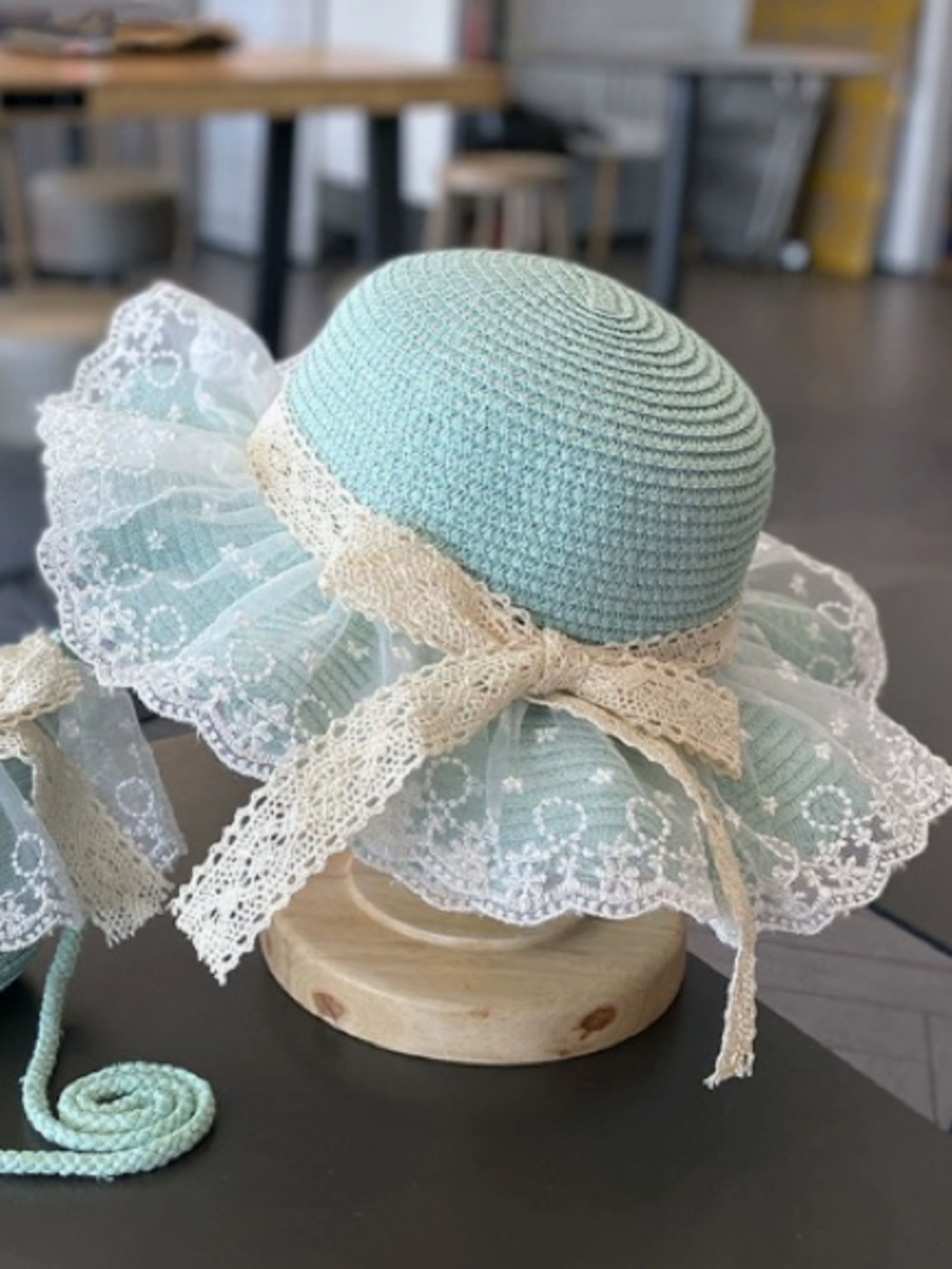 Children's Lace Trim Straw Sun Hat - Mint